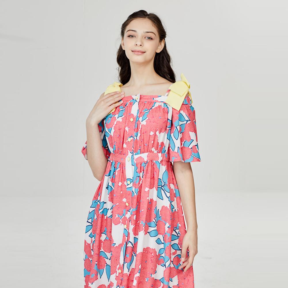 L Pink Flower Off Shoulder Dress